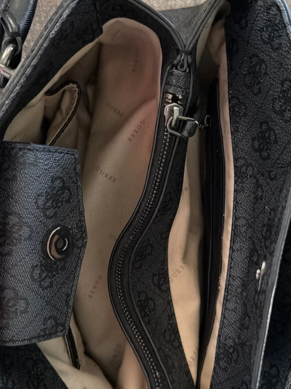 Guess  Black Logo Satchel with Flower Charm
